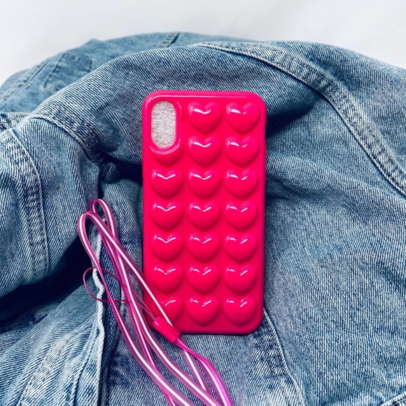 iPhone 7/8 Plus Case Hot Pink 3D Heart Print Cover - Picture 1 of 6